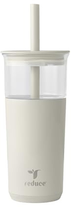 REDUCE Aspen 20 oz Vacuum Insulated Glass Tumbler with Lid & Extra Wide Straw - Keeps Drinks Cold for 12 Hrs - Ideal for Iced Coffee, Smoothies & Boba - Dishwasher Safe, Soft Base - Unbleached