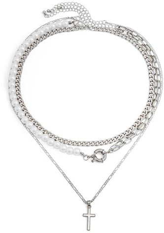 KnSam Männer Kette Anhänger, Edelstahl Partnerketten Kreuz Anhänger Mehrschichtige Form, Silber Panzerkette mit Perle, 63CM