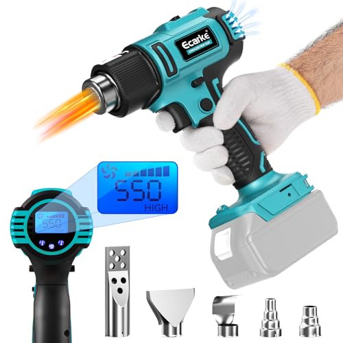 Ecarke Pistolet à air chaud sans fil compatible avec Makita 18 V, 350 W, sèche-cheveux à air chaud 50-550 °C, température réglable avec écran LCD et 5 buses pour rétrécir, chauffer, souder (sans