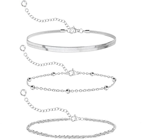 3Pcs Silver Bracelet for Women, Ladies Silver Bracelets Layered Dainty Link Chain with Jewelry Gift Box, Bracelet Adjustable Stackable Beaded Bracelets for Women Girls