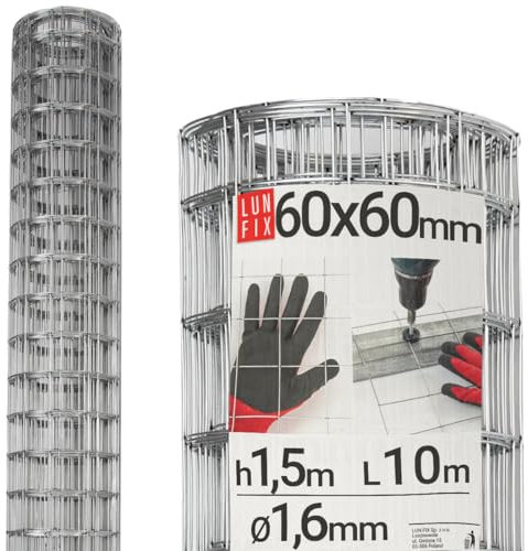 Volierendraht - Stahl verzinkt, 60x60, Ø 1.6 mm, 1,5m x 10m, Hasendraht Kaninchendraht, Drahtgitter Schweißgitter Maschendraht, Wühlmausgitter für Garten, Maschendrahtzaun, Lun Fix