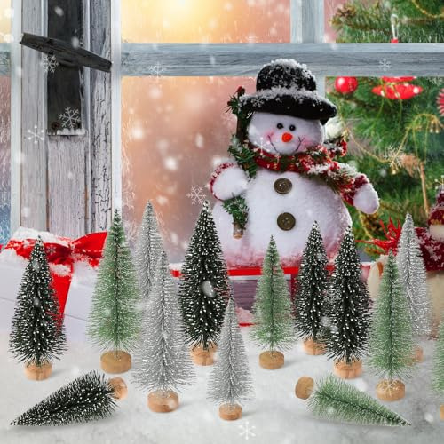 Mini-Sisal-Weihnachtsbäume mit Schnee, Flaschenbürste, Dorfbäume für Tischdekoration, Urlaub, Winterdekorationen (30, mehrfarbig)