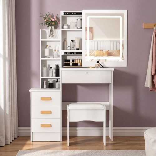 Dressing Table with LED Lights and Adjustable Brightness, Vanity Desk with Mirror, 4 Drawers, 6 Hidden Shelves, and Stool, Makeup Desk for Bedroom, Modern Makeup Table with Mirror and Chair (White)