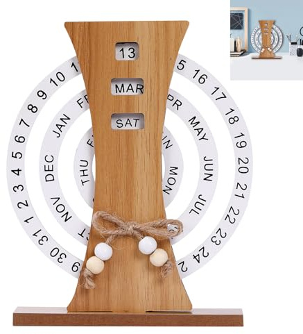 KASESSS Grande Roue Calendrier Perpetuel, Calendrier en Bois Vintage, Rotation Manuelle Calendrier De Bureau, Créatif Calendrier Perpétuel Bois, Agenda Perpetuel pour Décoration de Maison Bureau