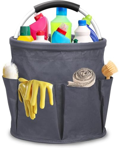 STORICANS Cleaning Caddy with Handle,Cleaning Bucket Organiser Foldable Cleaning Hamper Bucket Tool Bag Organizer,Collapsible Garden Small Tools Bag,Multi pocket Craft Caddy Universal,Grey