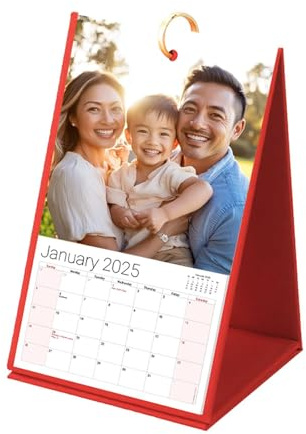Custom Personalised Photo Desk Calendar 2025 Desktop Calendar Freestanding Flip Month to View Spiral Bound Red Canender Print Your Photo Calendars For Her Him Home Office Party Birthday Gift