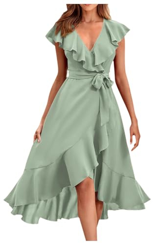 Générique Robe mi-Longue Portefeuille pour Femmes, Boho décontracté, col en V Profond, Manches Courtes, Ourlet à Volants, Robes Longues de Plage Fendues Robe Printemps Femme (Green, XL)