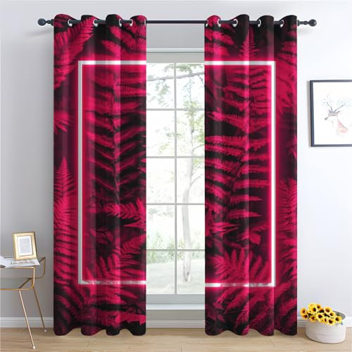 Luxfieo Neon Blackout Curtains for Living Room Bedroom - 90 Inch Drop Curtains 54x90, Hot Pink and Black Tropical Fern Patterned Window Treatments, Thermal Eyelet Drapes 2 Panels U#390