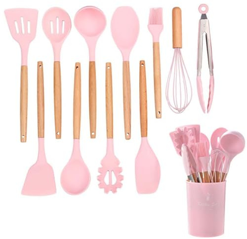 Kitchen Non Stick Cooking Utensils Set – Heat Resistant Silicone Utensils with Wooden Handle – Ladles, Kitchen Tools & Accessories – 12pcs