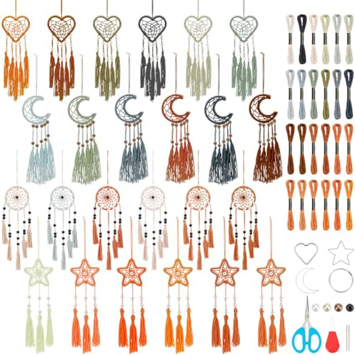 INFUNLY 24er DIY Kleines Traumfänger Set in Neutralen Farben mit Stern Mond Herz Runden Motiven Komplettset mit Anleitung Als Schlüsselanhänger Autoinnenraumdekoration und Wohnaccessoire