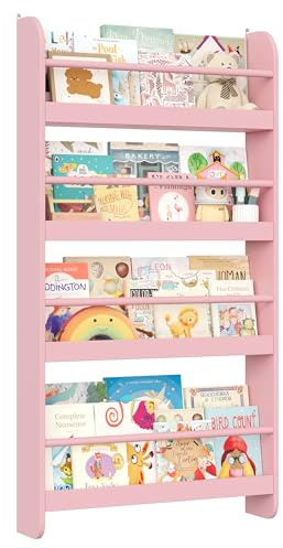 FOREHILL Estantería Infantil Pared, Estantería Infantil Libros, Librería Infantil Montessori, Madera, para Niños, 4 Estantes 111x58x12cm Rosa