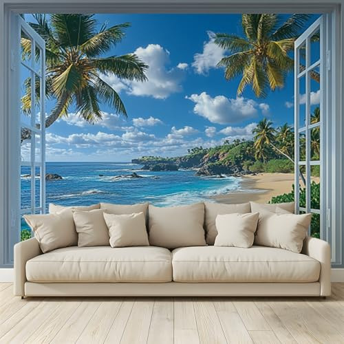 Papel pintado 3D fotomural Ventana, playa palmeras Fotográficas Tela no tejida Diseño para Paredes Dormitorio Sala Sofá Tv Hotel Pasillo Lujo Fondo Pintura Mural 300 x 210 cm