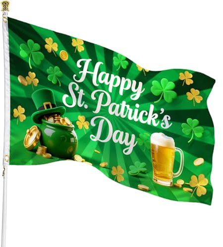 St Patrick's Day Flags 3x5 Outdoor Double Sided Flag 5x3 Ft Green Shamrocks Irish Holiday Decorations – Durable Polyester St Patricks Day Banner with White Header & 2 Brass Grommets for Yard House Garden