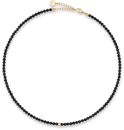 GD GOOD.designs Perlenkette Damen aus echten facettierten Natursteinen 4mm | Verstellbare Turmalin Kette mit 18K Vergoldung (40–45 cm) | Wasserfeste Boho Halskette (schwarz)