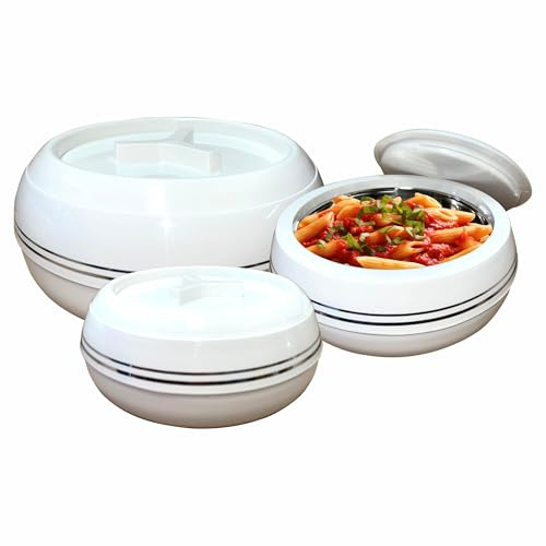 Set of 3 White Insulated Casserole Dishes – Thermal Food Warmer Serving Pots with Lockable Airtight Lids & Handles, BPA-Free Stainless Steel, 1.5L, 2.5L & 3.5L for Home, Travel & Outdoor Dining