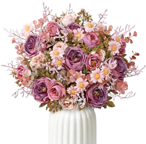 MEIVINES 6 Ramo de Flores Artificiales Decoracion Artificiales Plantas Flores e Seda Decoración Flor Falsa Seda Ramo Rosas Artificiales Margaritas Artificiales para Bodas, Fiestas y Centros de Mesa