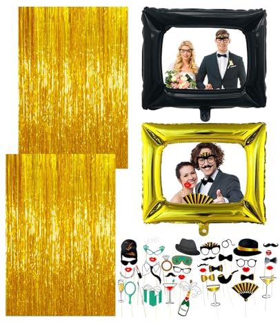 DASHUI 44 Stück Fotobox Accessoires Hochzeit, Foto Booth Requisiten mit Aufblasbarer Fotorahmen und Lametta Vorhang Gold, Lustige Mützen Perücken Party Zubehör für Weihnachten Hochzeit Geburtstag