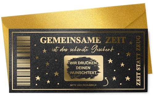 KuschelICH Personalisierte Rubbelkarte Gemeinsame Zeit Golden Ticket | Karte zum Freirubbeln mit Wunschtext, wählbare Farben, Folierung & Umschlag, Geschenkidee Zeit statt Zeug