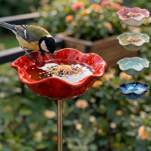 Vogeltränke Blume & Bienentränke Keramik Gartenstecker – Insektentränke Garten für Wasser & Vogelfutter, Dekorative Keramikblüten für Bienen & Vögel (2, Rot)