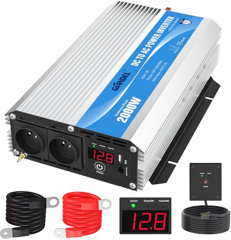 GIANDEL Convertisseur 12V 220V 230V 2000W Onduleur à Onde Modifiée Transformateur Compatible Lithium-Batteries, avec Télécommande et Affichage LED Grande Coquille pour Voiture de Camion