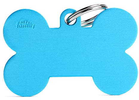 My Family Placa de Identificación personalizado para perro Made in Italy, Azul claro XL Bone, Placa de identificación de Perro Grabada Gratis, Aluminio, Colección Basic, 48x31 mm