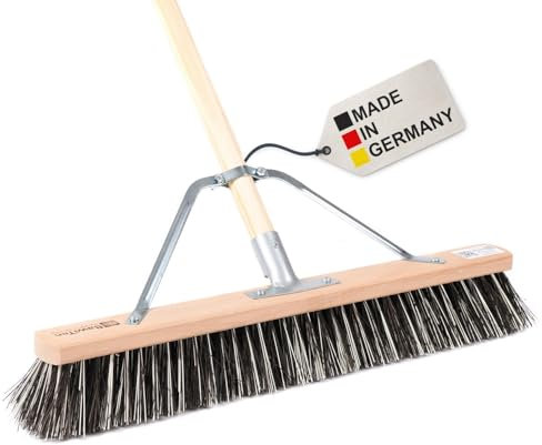 BawiTec Spezial-Straßenbesen 60cm Breit,mit stabilem Metall-Stielstabilisator und Stiel Länge 160cm,Harte Borsten-Mischung (OssiBlitz,Kunststoff-Arenga-Mix),Besen,Feger,Spezialbesen,Holzstiel