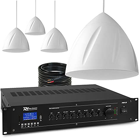 Power Dynamics Hanging Pendant Speaker System with Amplifier - 4 x 5.25 White 100V PA Audio Kit for Warehouse, Restaurants, Retail, Churches - Bluetooth Mixer, Commercial Sound Installation