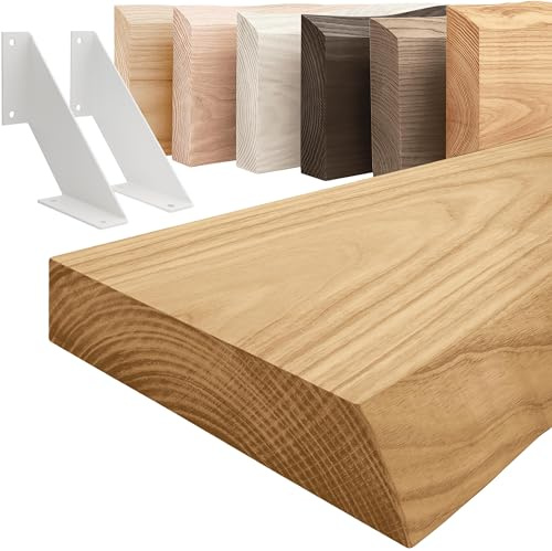 LAMO Manufaktur Holzregal mit weißen V-förmigen Halterungen | Wand Regal 90 cm breit für Wohnzimmer, Küche, Büro im Industrial-Stil | Farbe: Rustikal, Kante: natürlich | Massivholz, Vintage-Charakter