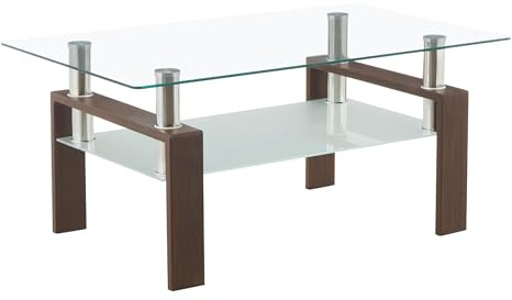 MOG CASA - Mesa de Centro 100 x 60 x 44 cm Porter, Mesa de Cafe Rectangular con Vidrio Templado Transparente 6 mm y Estructura con Acabado Efecto Nogal, diseño Elegante, para salón y Zona Lounge