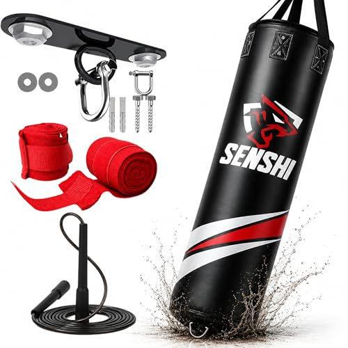 SENSHI Heavy Filled Punch Bag Set, 3ft, 4ft, 5ft, 6ft Outdoor Boxing Bag with Bracket, Fixings, Hand Wraps & Skipping Rope for Home Training