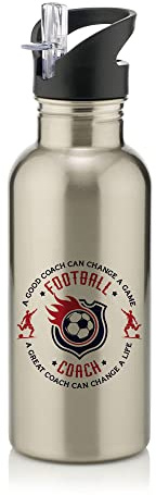 Football Coach Gift, A Good Coach Can Change a Life, Best Coach Gift, Football Game Gift Christmas Stainless Steel 600ml Water Bottle with Straw. (Silver)