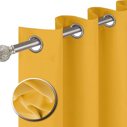 funky gadgets Blackout Curtains for Bedroom 90 Inch Drop Thermal Insulated Eyelet Curtains & Drapes Black Out Curtain for Kitchen, Living Room 2 Panels (90x90 Inch Yellow)
