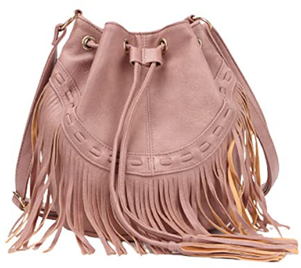 Jywmsc Damen Fransen Quaste Umhängetasche Freizeit Boho Bucket Umhängetasche
