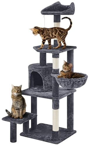 Yaheetech Arbre à Chat Multiniveau 48,5 × 40,5×145 cm Gris Foncé | Perchoir Oreilles de Cachette, Panier, Plateforme, Poteaux Griffer, Centre d’activités, Aois Certifié FSC