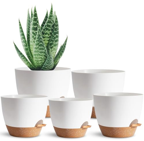 5Confezione di vasi per piante pigre autoinnaffianti, 17,78+16,51+15,24+13,97+12,7CM, vasi in plastica bianca per tutte le piante d'appartamento, piante grasse, violette africane, fiori e cactus