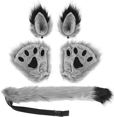 KEESIN 5PCS Kunstpelz Tierische Kleidung, Cosplay Kostüme, Wolf kostüm, Fuchs kostüm, Furry, Ohren, Schwanz, Handschuhe, Erwachsene Kostüme, für Karneval (Grau)