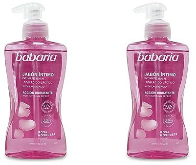 Babaria - Jabón Íntimo Hidratante con Rosa Mosqueta y Ácido Láctico, Respeta el PH Íntimo, Testado Bajo Control Ginecológico, Rápida Absorción, Vegano - 300 ml (Paquete de 2)