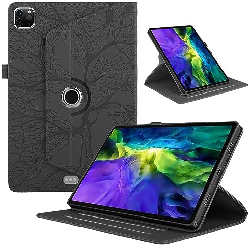 TEDTIKJT Coque pour Tablette iPad Air 13 2024 2025/iPad Pro 12.9 Pouces 2022/2021/2020/2018(6e/5e/4e/3e Génération) Etui Rotatif 360 Housse PU Cuir Flip Protection Cover Case,Noir Arbre