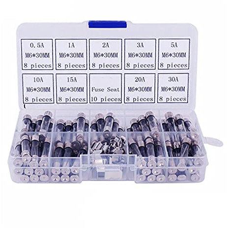 FURREN Sicherung 72-teiliges 6x30-mm-Sicherungssortiment-Set, flinke Glassicherungen, 0,5 A, 1 A, 2 A, 3 A, 5 A, 10 A, 15 A, 20 A, 30 A