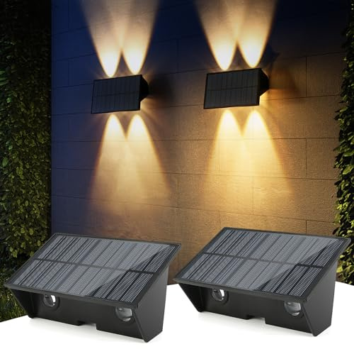 Lampe Solaire Exterieur, Lampe Solaire Jardin, Applique Solaire Exterieur Haut & Bas Lampe Solaire Murale Extérieur Étanche 2 Articles Lampe Solaire de Clôture 120 Lumens pour Cour, Pont et Escalier