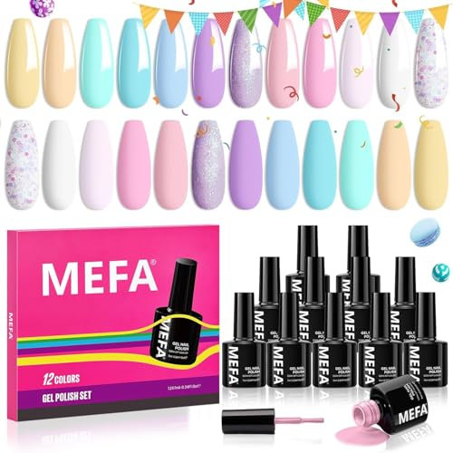 MEFA UV Nagellack, Gel Nagellack UV 12 Farben Pastell Macaron Weiß Gelb Rosa Grün Nackt Lila Blau UV Gel Nagellack Soak-Off UV Nagellack für Anfänger DIY Nailart zu Hause Frühling Sommer