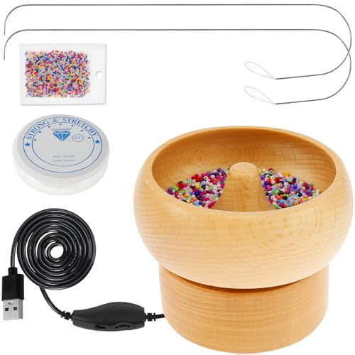 Spinner eléctrico de cuentas de madera alimentado por USB, kit de cuenco giratorio de velocidad y dirección ajustable con 2 agujas de cuentas, 2000 cuentas para pulseras, fabricación de joyas