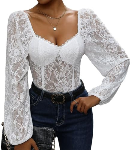 SHEKINI Women's Elegant Lace Mesh Long Sleeve Bodysuit with Sweetheart Neck and Lantern Sleeves Lace Body Top Transparent Puff Sleeves Blouse Shirt, White, M