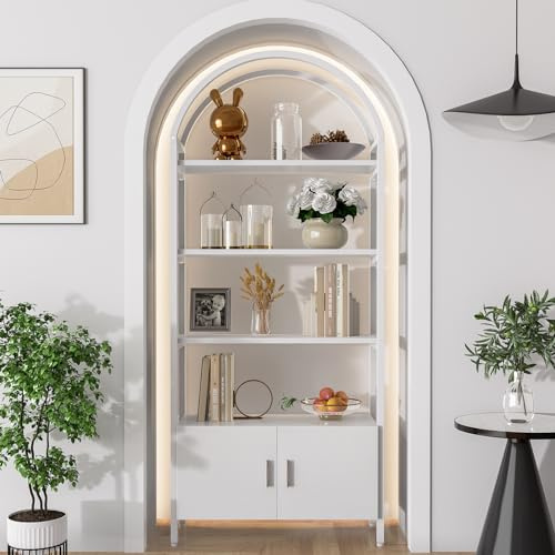 ciontwo Arched Book Shelf, Bookcase with Doors Storage, 180cm Tall Bookshelf with Sturdy Metal Frame, E1 Quality Boards, Freestanding Display Shelving Unit Living Room, Rustic Brown (Whiet)