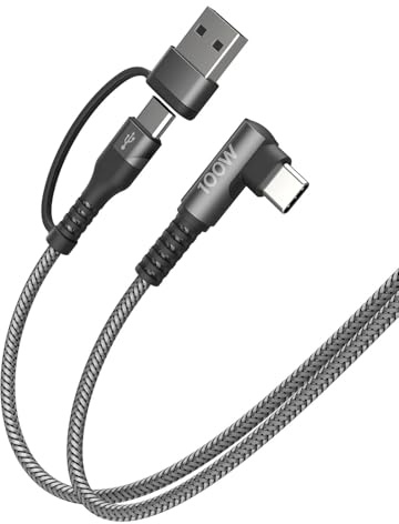 Minlu PD 100W Câble USB C coudé Charge Rapide 5A, 4pieds Câble USB C vers USB C/USB A, Cable Type C degrée 90, Cable de charge Nylon Tressé pour iPhone 15,MacBook Pro/Air,Galaxy S24 (Gris)