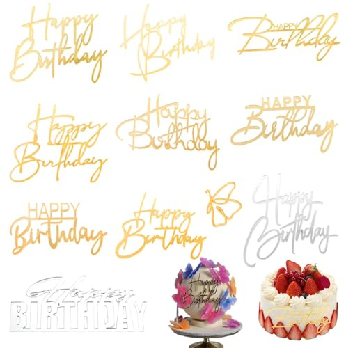 Qusmeiyici 10 Pack Gold Acrylic Birthday Cake Toppers, Mirror Acrylic Cake Toppers, DIY Cake Decor Tools, Birthday Party Supplies
