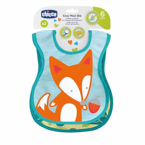 Chicco Set 2 Bavaglini Pappa Bambini, Bavaglini Neonato Impermeabili in Morbido Cotone, Retro Impermeabile, Lavabili in Lavatrice, Buona Vestibilità, Bavette Neonato 6 Mesi+, Unisex