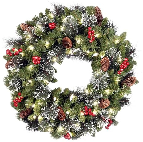 40 cm Weihnachtskranz, vorbeleuchteter Weihnachtskranz, künstlicher Türkranz, künstlicher mattierter Tannennadel-Winterkranz, vorne mit Lichtern, LED- , Tannenzapfen, hängender