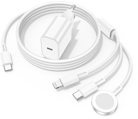 3 in 1 Ladegerät Apple Watch und iPhone, 20W Apple iWatch Ladegerät mit 2M Ladekabel Apple Watch Original für Apple iWatch Series 9/8/7/6/5/SE/iPhone 16/15/14/13/12 Type C Schnellladegerät und Kabel