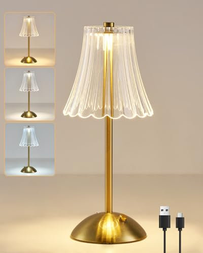 HARPER LIVING Rechargeable Table Lamp, LED Desk Lamp Battery Operated, 3 Colors and Dimmable, Bedside Reading Light Polished Gold Finish, Cordless Touch Lamps for Bedroom Living Room Bar Restaurant